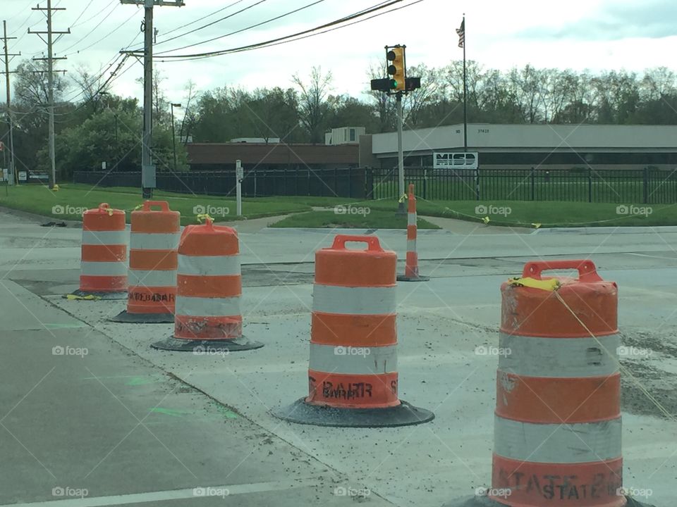 Construction pylons barricades on a midwest street corner