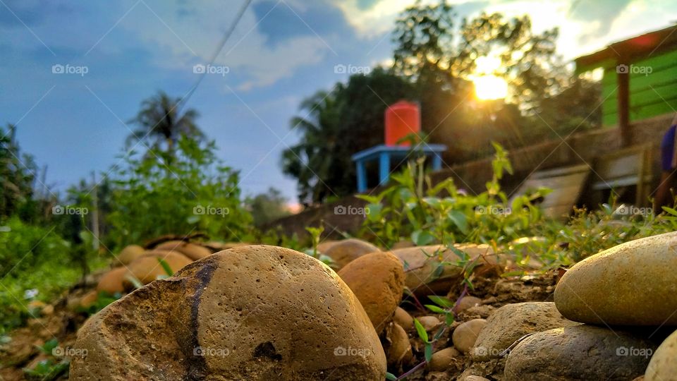 Afternoon in my village. The sunset shines warm. The gravels along the village road feels comfortable being stepped on barefoot.