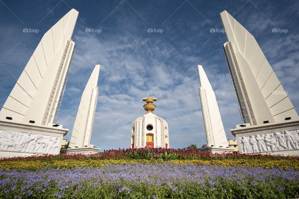 Beautiful Thailand Democracy monument on blue sky background