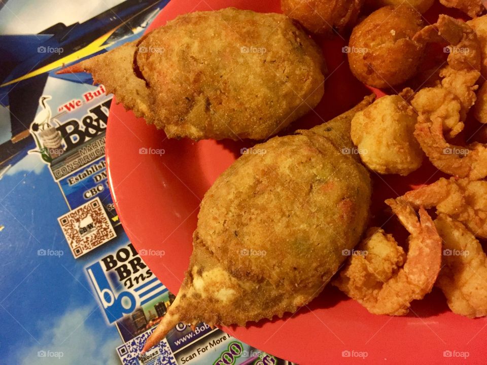 Seafood on orange platter