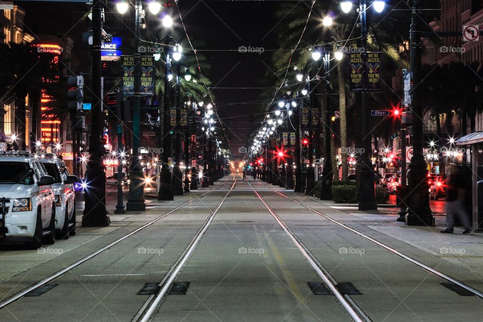 Cable car streetroad in New Orleans Louisiana at night