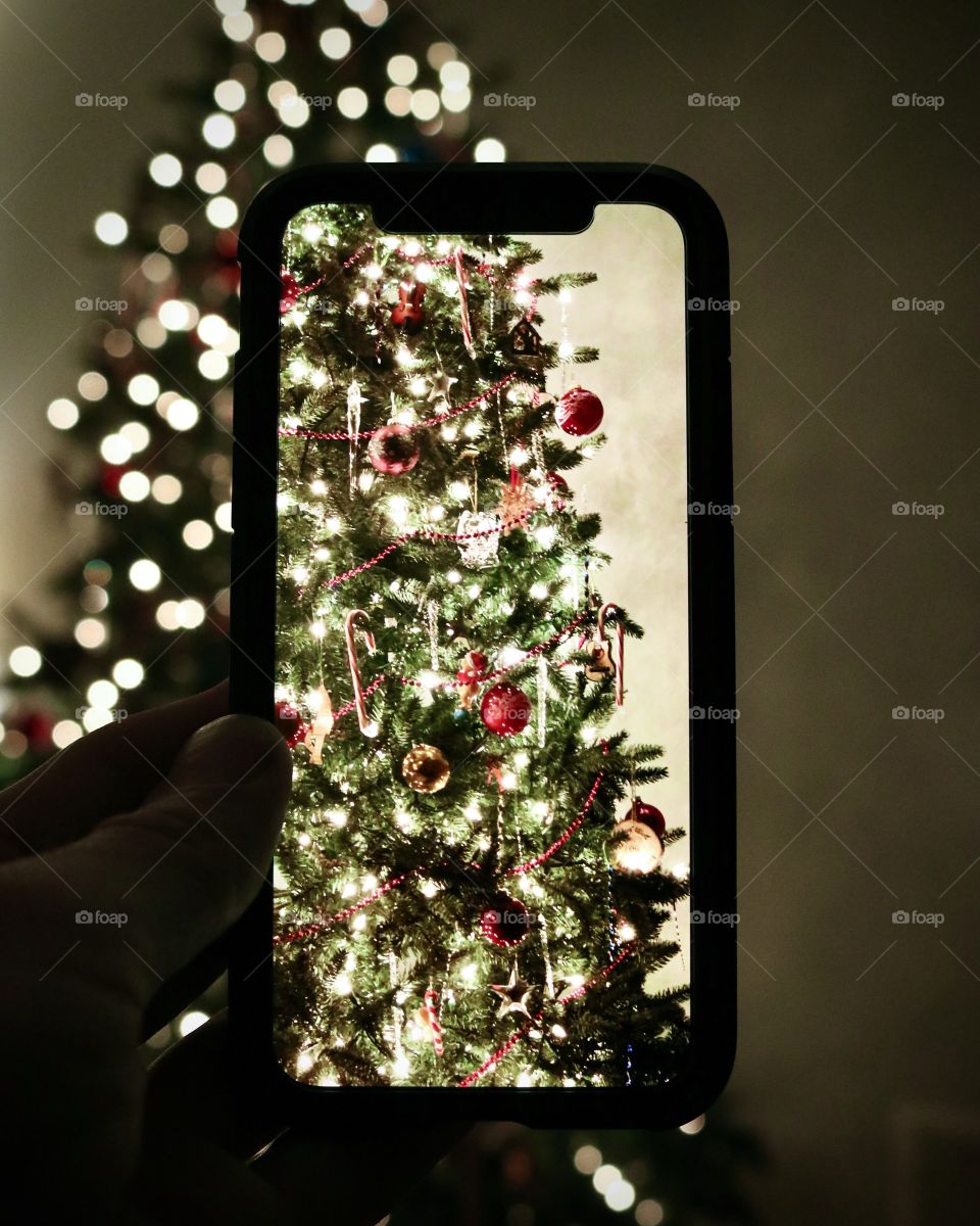 Feeling of Christmas with decorated tree and lights.