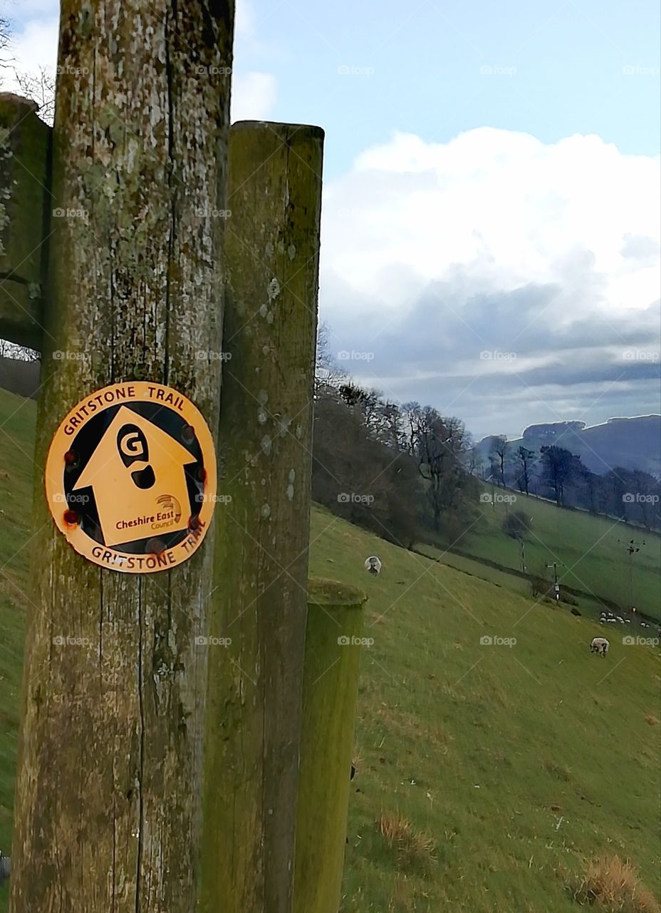 Footpath sign, Gritstone trail, Bollington Cheshire UK