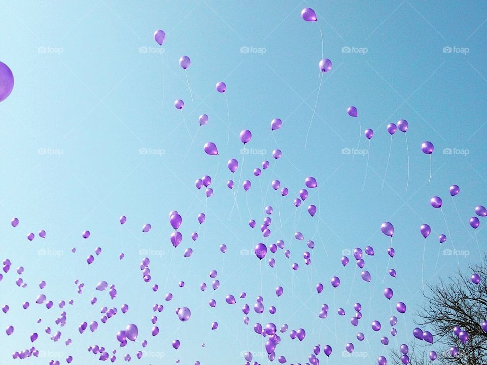 Hundreds of purple balloons against a bright blue sky. 