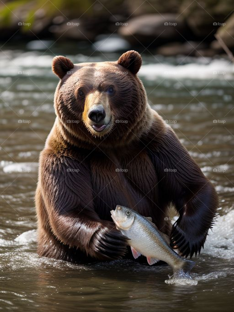 A bear catches fish in the river