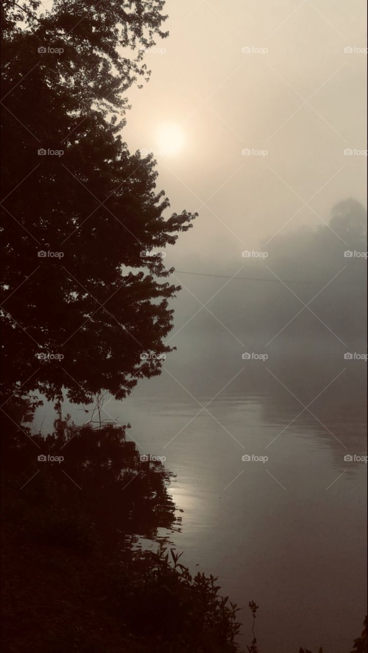 Foggy sunrise over the river 