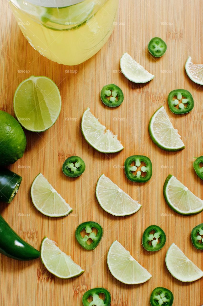 Fruits! - Lime and jalapeño slices on bamboo