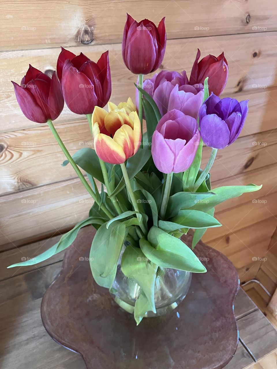 Colourful Tulips in a glass vase 💚💜🧡❤️