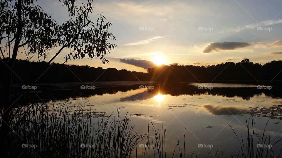 Sunset at lake, beautiful reflections