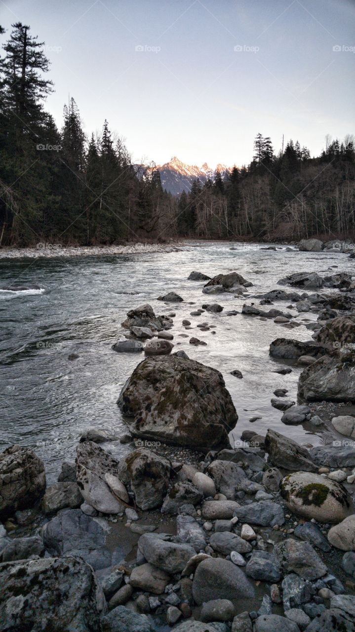 Nature Landscape of River with Mountain Sunset