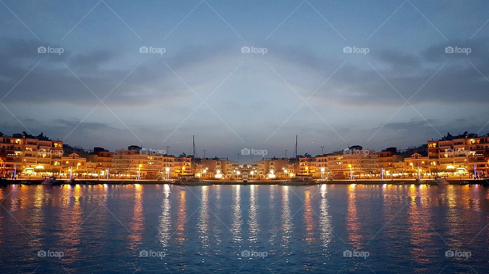 Illuminated buildings in city