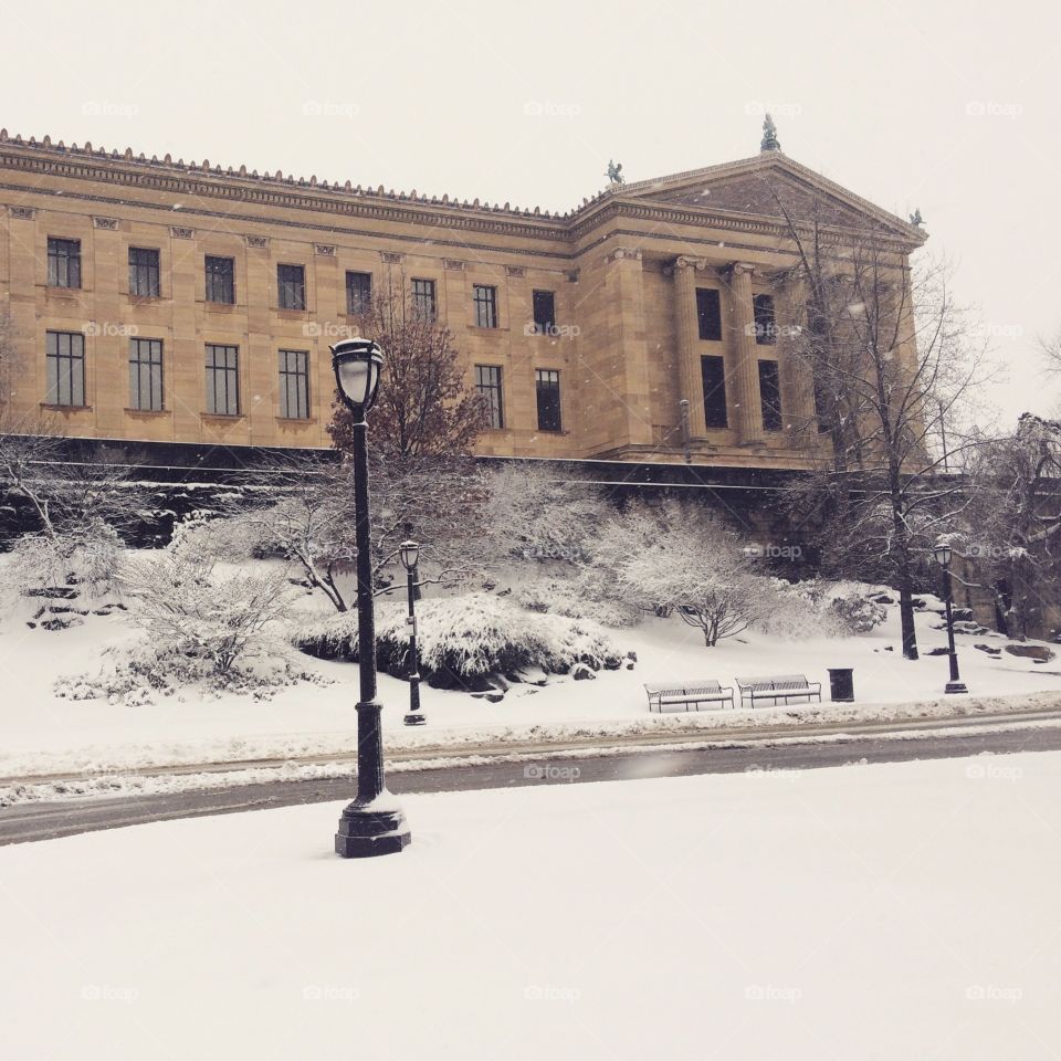 Out in the Snow Storm. The Philadelphia Museum of Art covered in snow during a winter storm in Philadelphia. Photo by Tony Azzaro