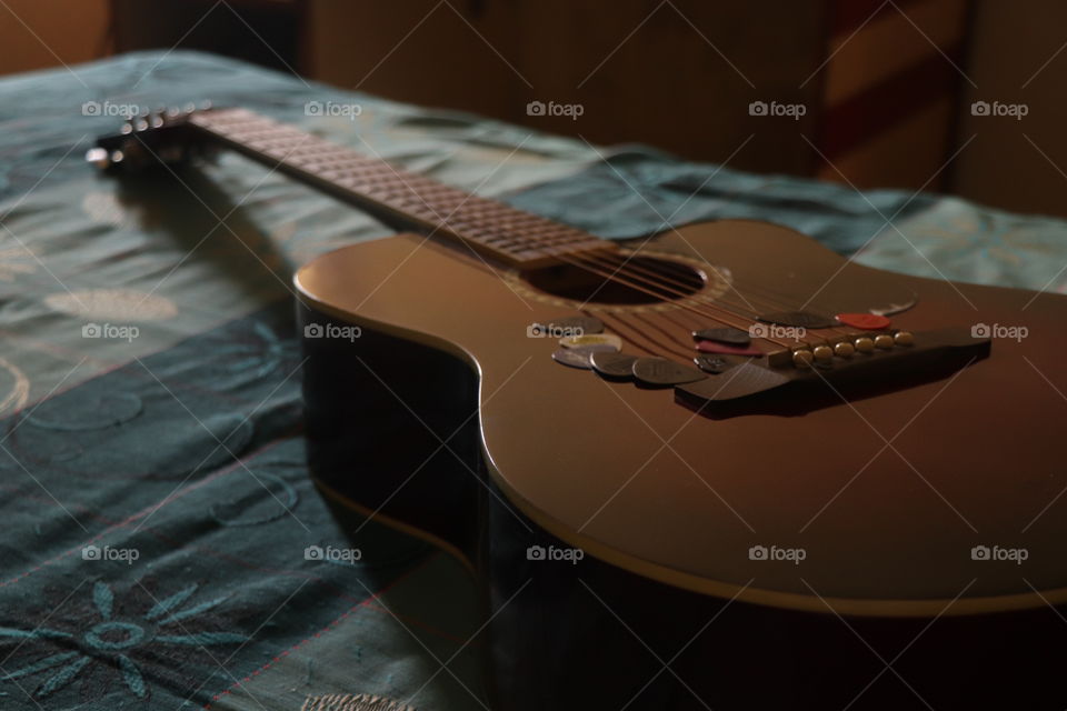 Guitar,acoustic guitar, strings, fret board , guitar wallpaper, music wallpaper , music instrument , guitar on bed