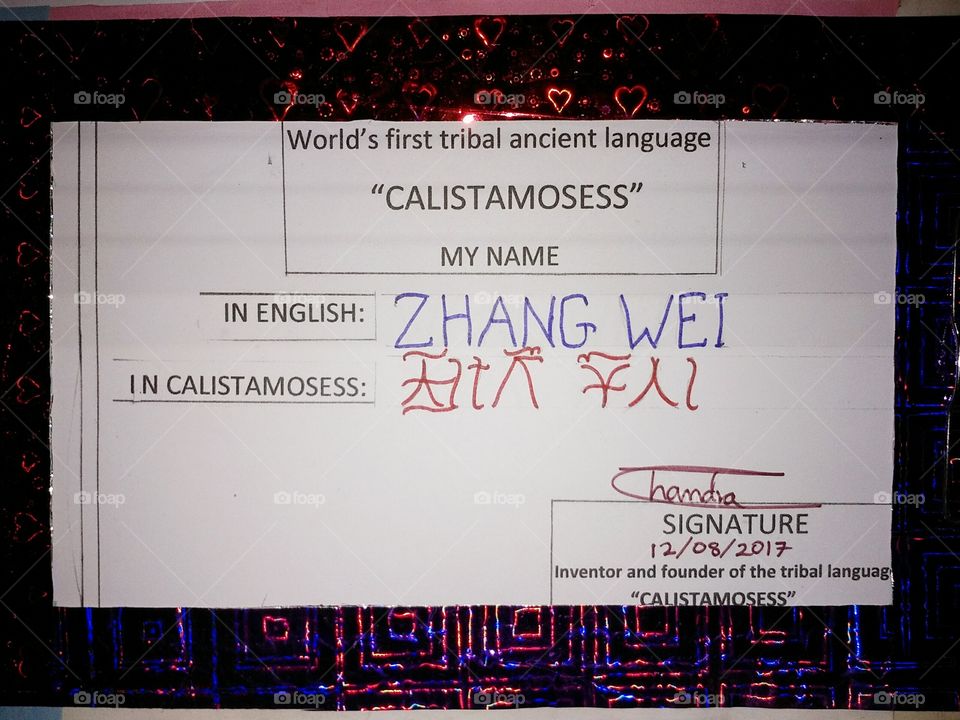 the famous China name ZHANG WEI is written in the world's first ancient tribal language in the CALISTAMOSESS.
if you want to earn money with it you should download it's first photograph at the first sight, keep it and share it.