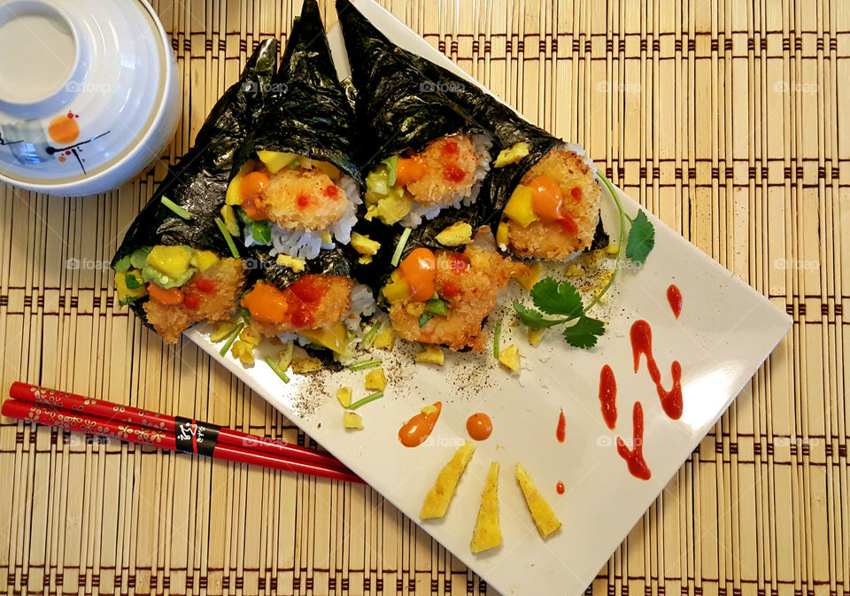 Mango tempura hand rolls