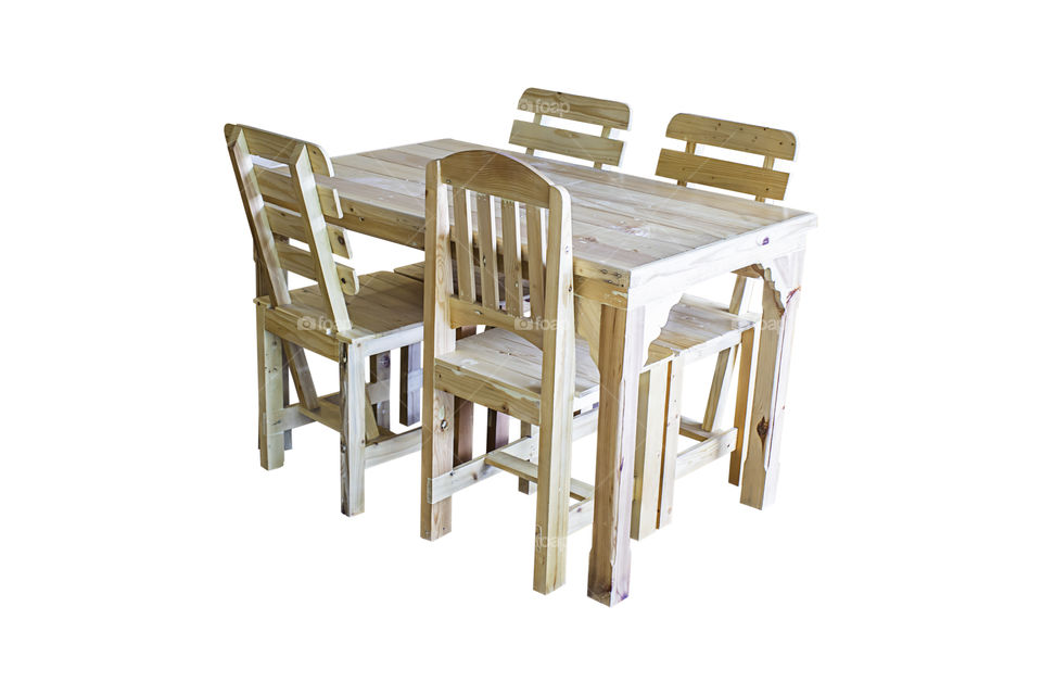 Isolated Wooden tables and chairs on a white background with clipping path.