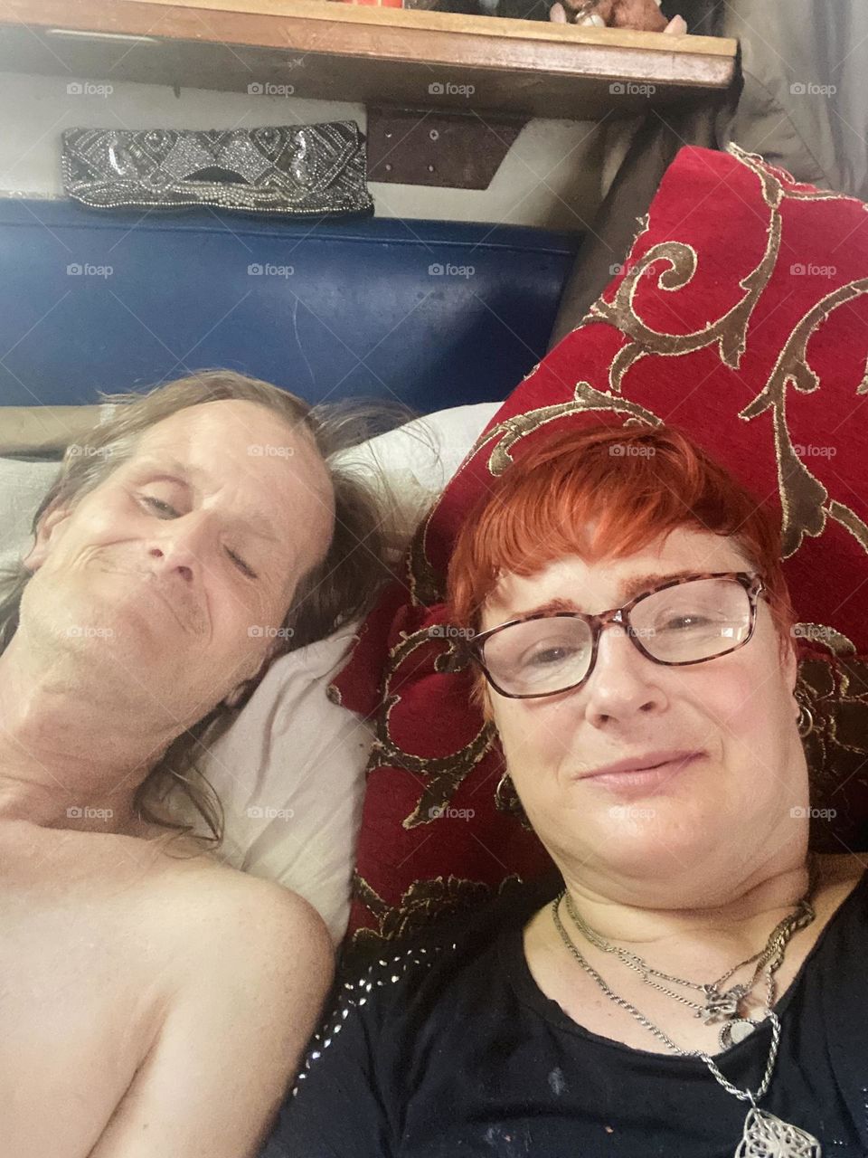 This is me, “Petra Schiller“ a.k.a. „Maxine Firefox“ and longtime partner „Timothy Trespas“ aboard „Salvation“, a „28 ft 1969 Luhrs“ cabin cruiser at „Newtown Creek“ in LIC, Queens we call home. 2023. Hypnotic Productions