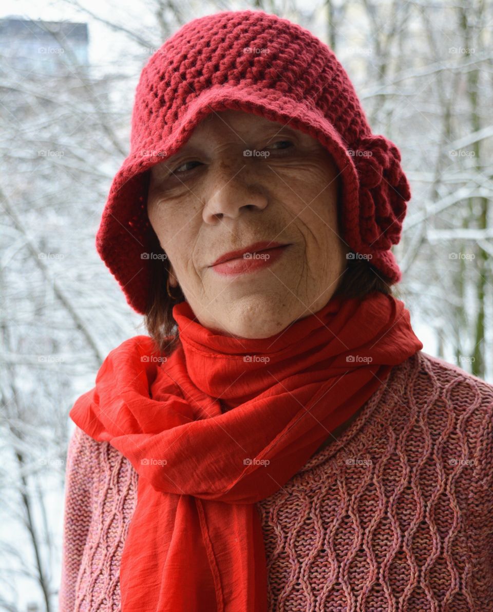 portrait in red hat woman Minsk Belarus