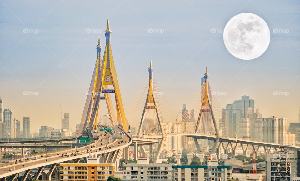 Beautiful morning Bhumibol Bridge and Moon in Bangkok Thailand