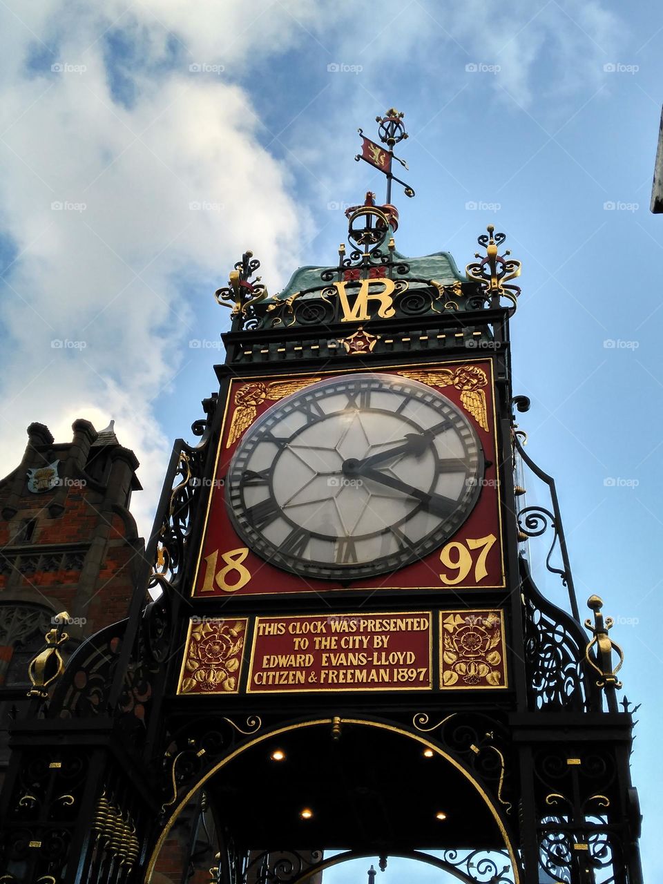 A cluse up of an old and iconic clock in the beautiful city of Chester in England.