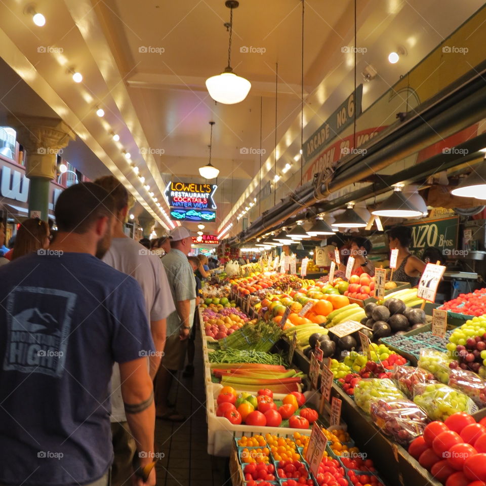 Seattle, Washington, Public Market, Gathering, Vegetables, Fruits, Vendor, Crowds, Colorful, Pike Public Market, Organic, Fresh, Market