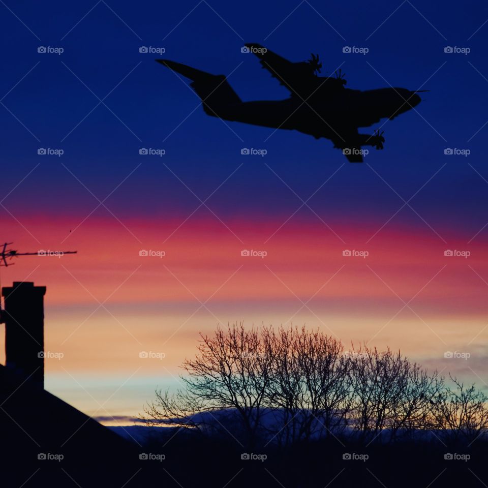 silhouette of a airbus A400m at sunset leeds