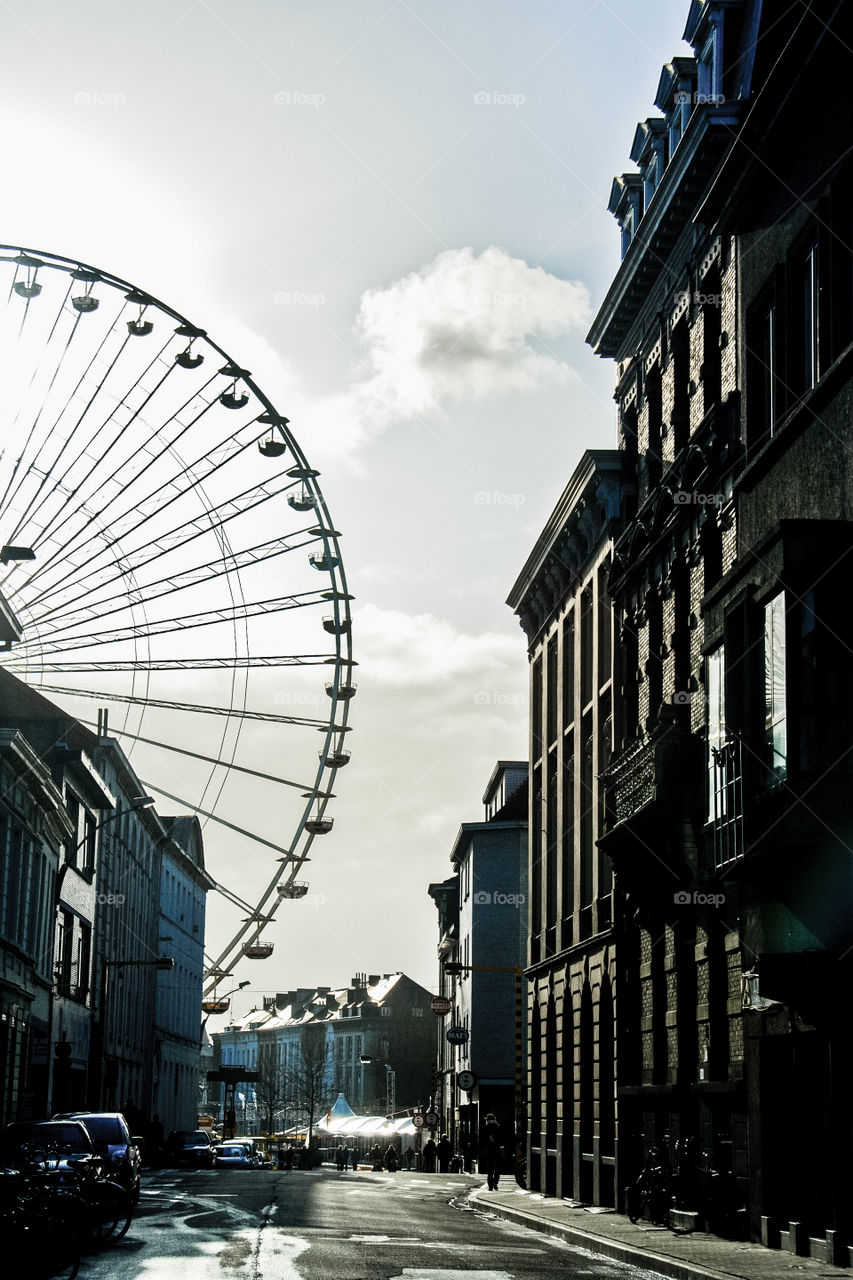 Fairy wheel in Ghent, Belgium. Walking street