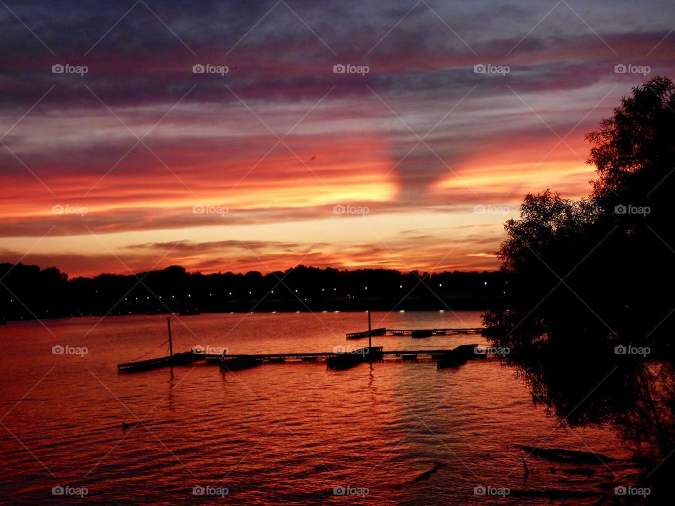 Sunset on the lake and docks in Indiana 