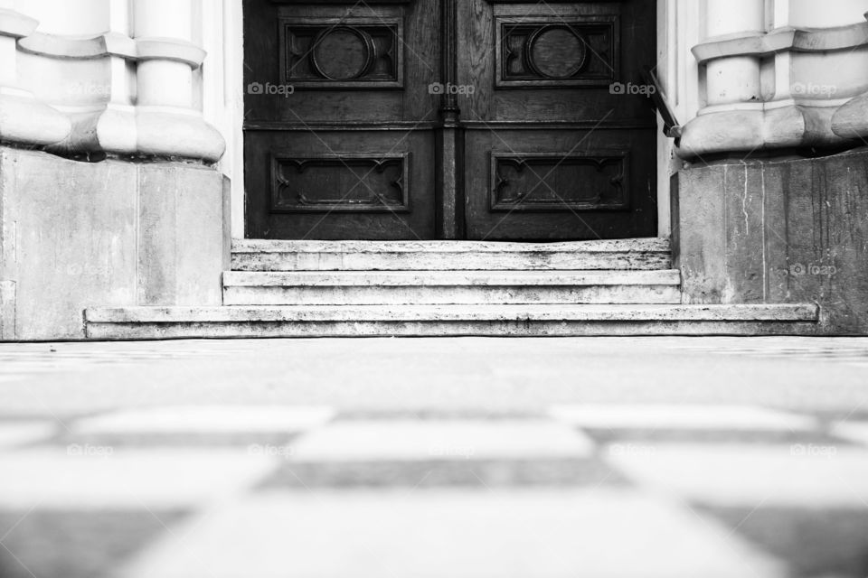 entrance to church. entrance to catholic cathedral in novi sad in serbia shit from a low angle