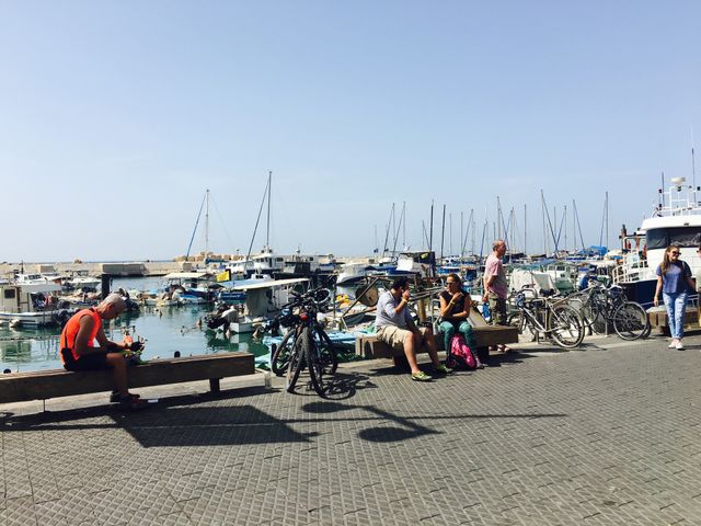 People sitting on the bench near the harbor