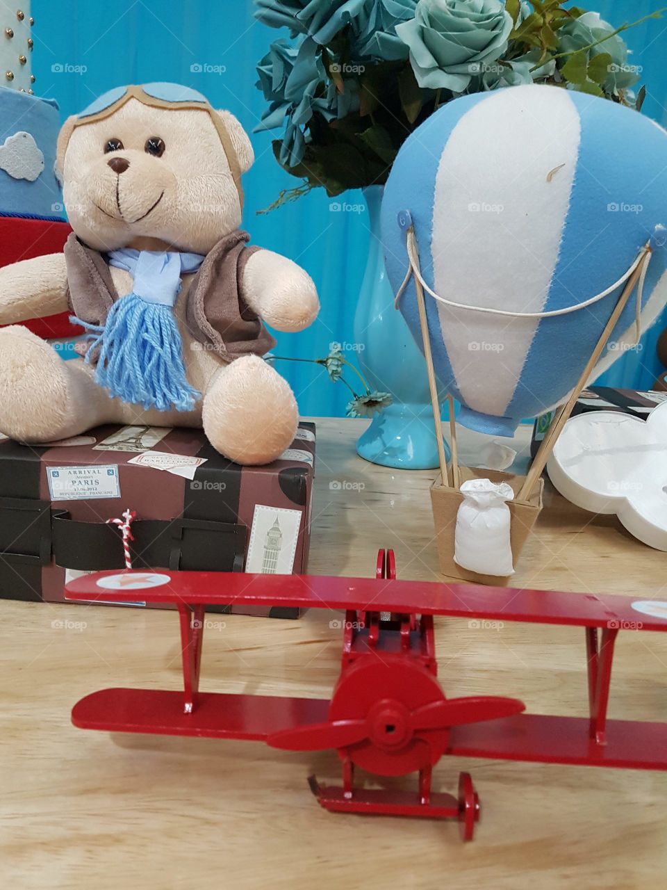 Children's birthday ornaments. The balloon, airplane and the bear.