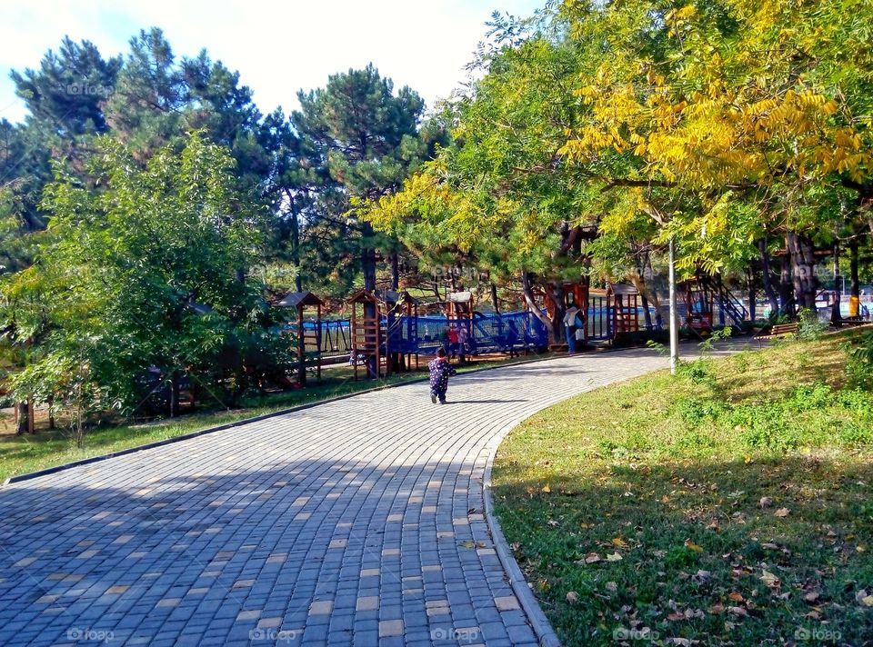 the child walks in the park ребёнок гуляет по парку