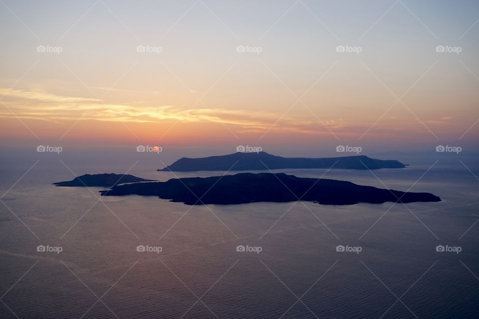 Sunset over the caldera of Santorini, Greece. View from Santo Winery.