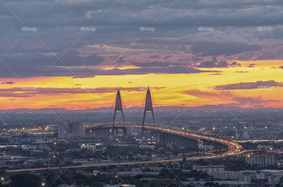 Beautiful scene of the famous landmark Bhumibol bridge in Bangkok Thailand