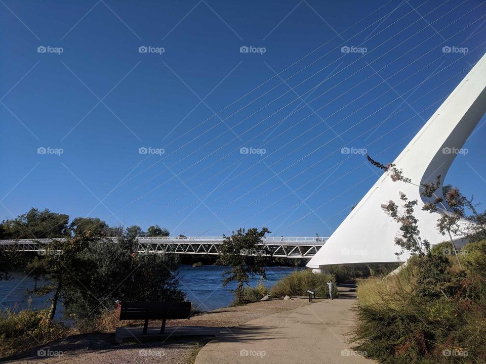 Artsy White Sundial Bridge Across the Sacramento River at Turtle Bay Exploration Park in Redding, California