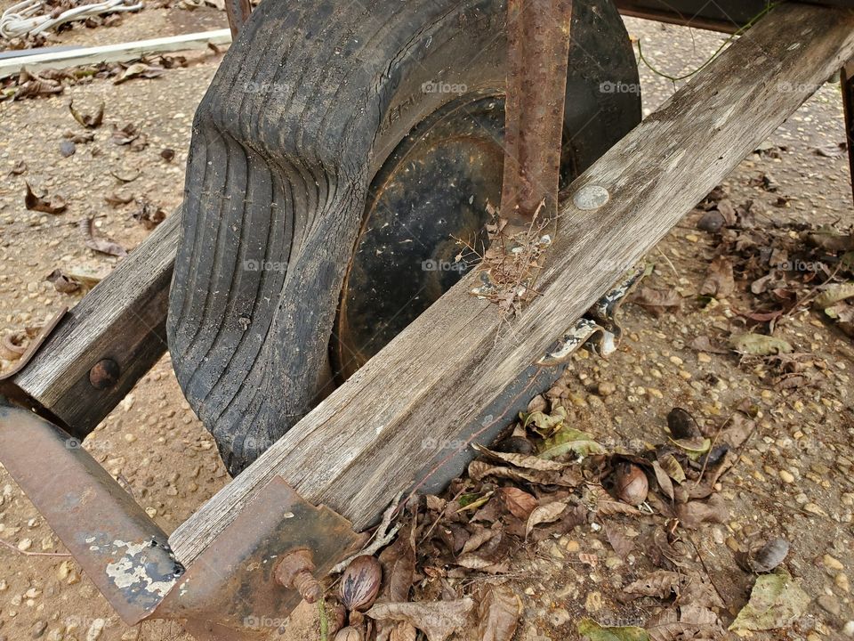 Wheelbarrow with a flat tire and wooden frame