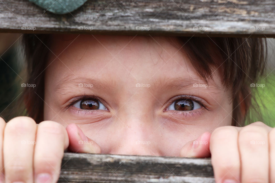 Girl looking through the steps of a ladder