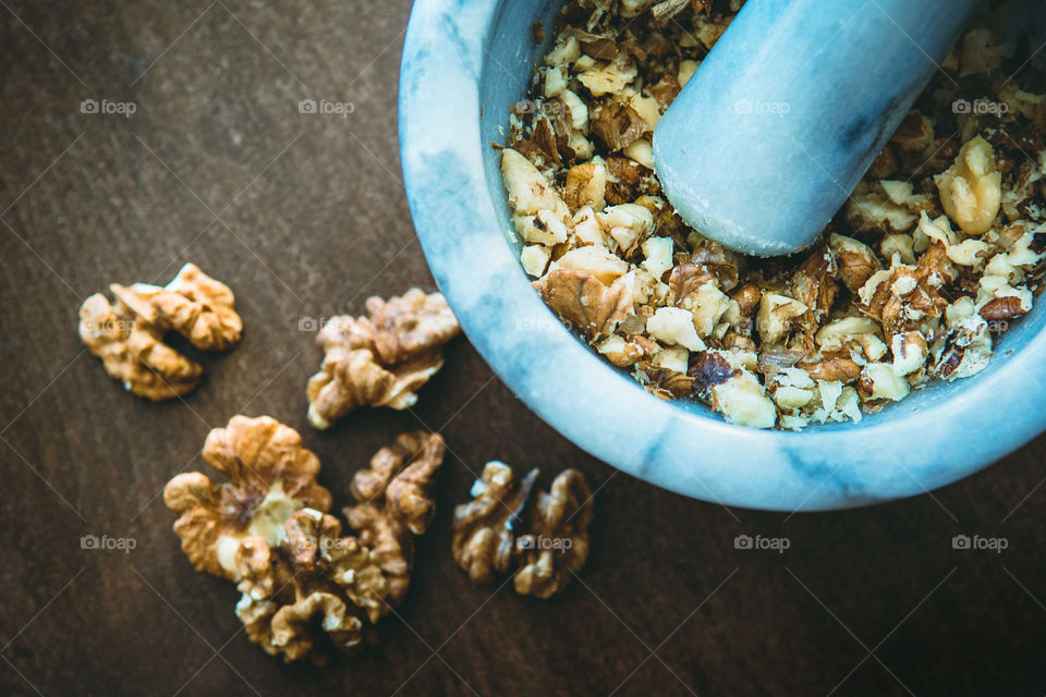 Mortar and pestle with dried food