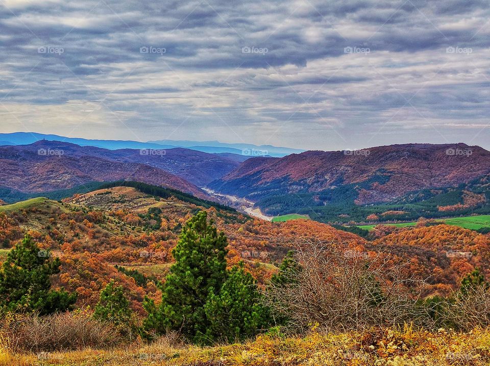 A beautiful photo of a landscape in Bulgaria with colourful forests in the autumn, a winding path and cloudy sky