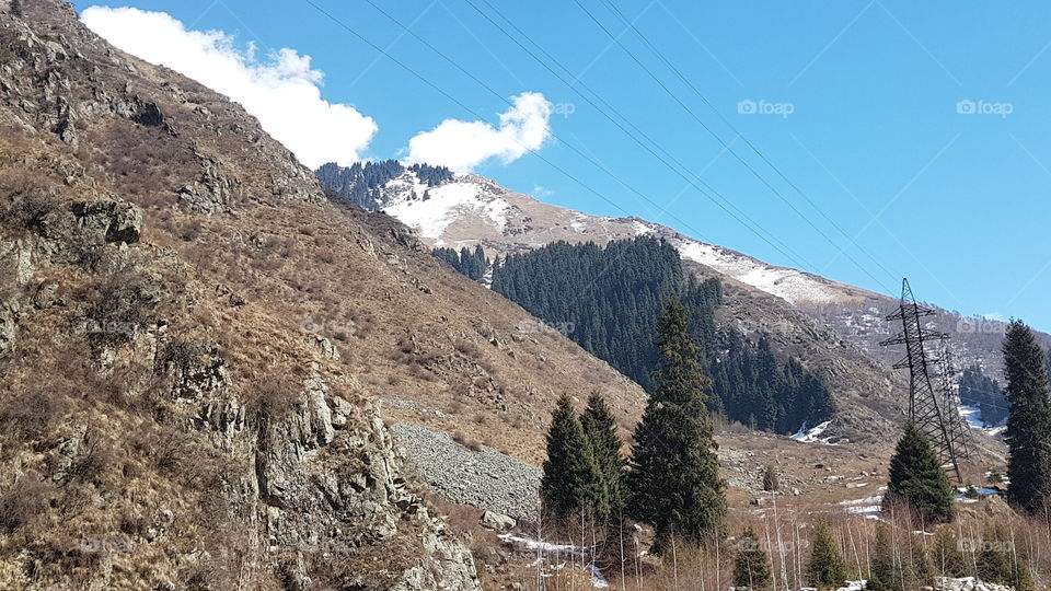 Almaty mountains in spring and electricity line