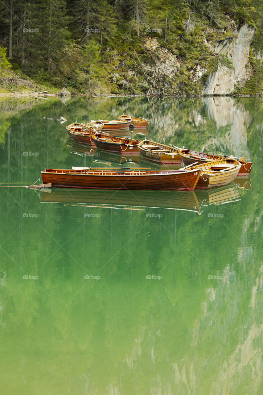 Boats on a Pragser Wildsee in Italy