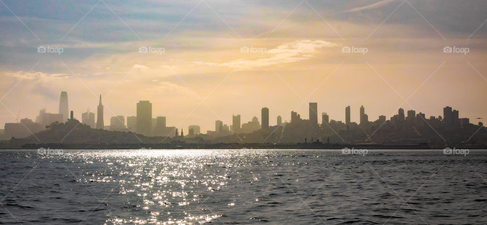silhouette of the San Francisco skyline just before sunset
