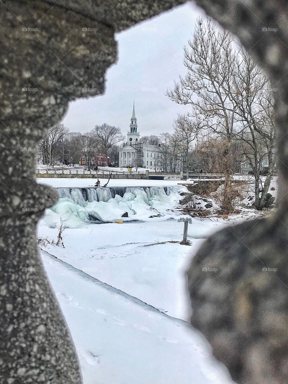 Church and frozen falls