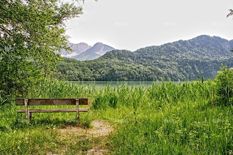 Scenic view of old bench by lake