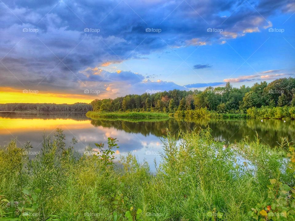 sunset on empty lake