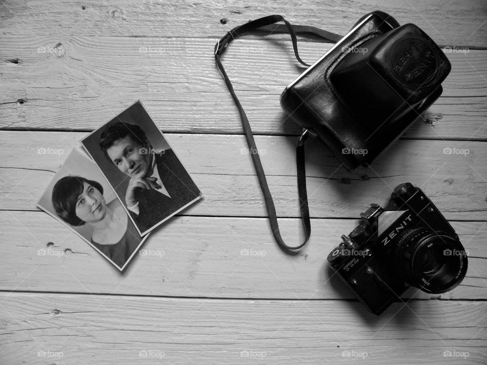 old soviet camera zenith and two black and white photographs