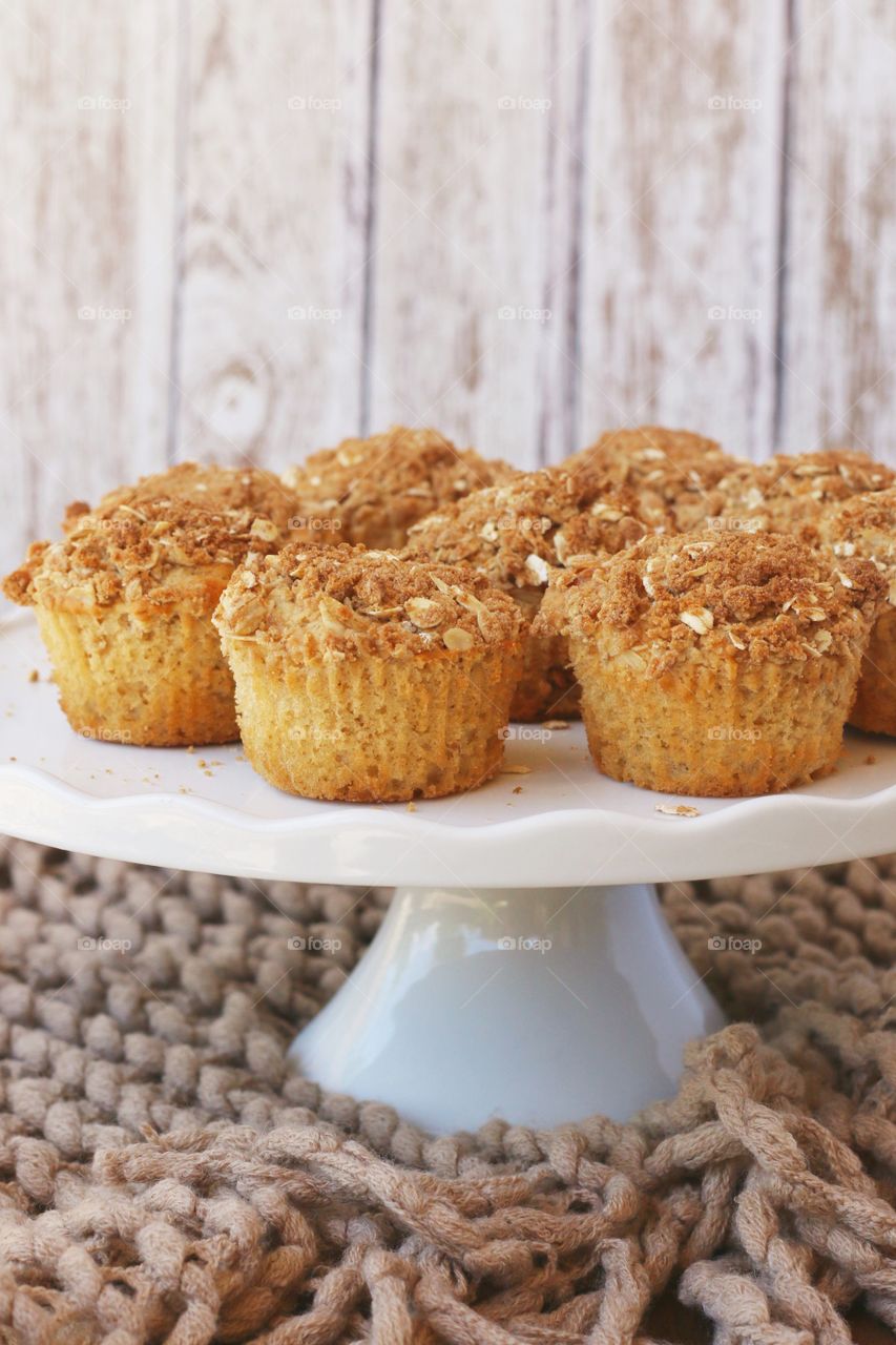 Oatmeal muffins on cake stand