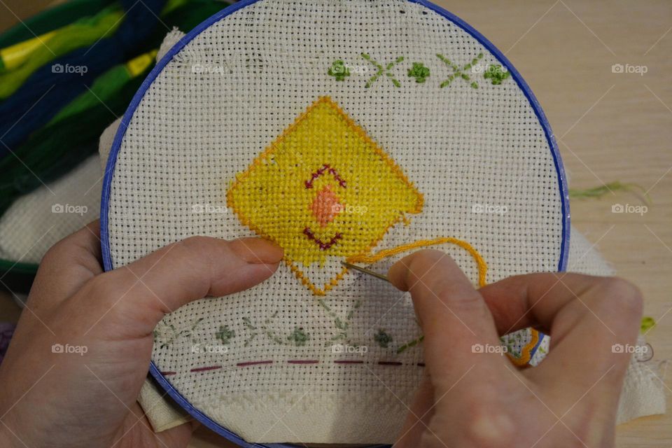 art and craft, female hands hobbies cross stitch