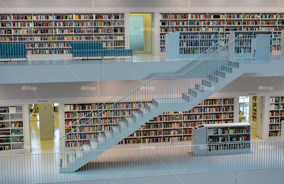 a impression stairway in a library