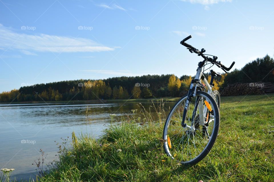 bike on a lake shore beautiful spring nature landscape, lifestyle